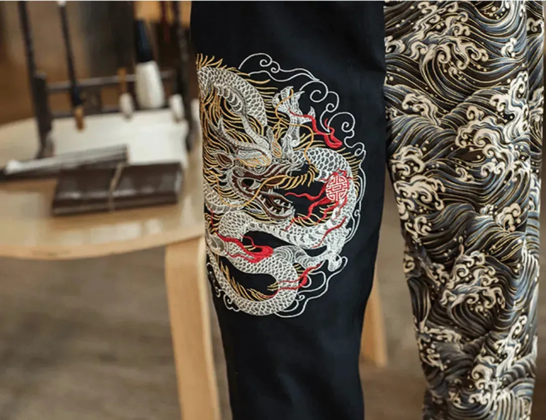 Silver Dragon Embroidered Fashion Trousers