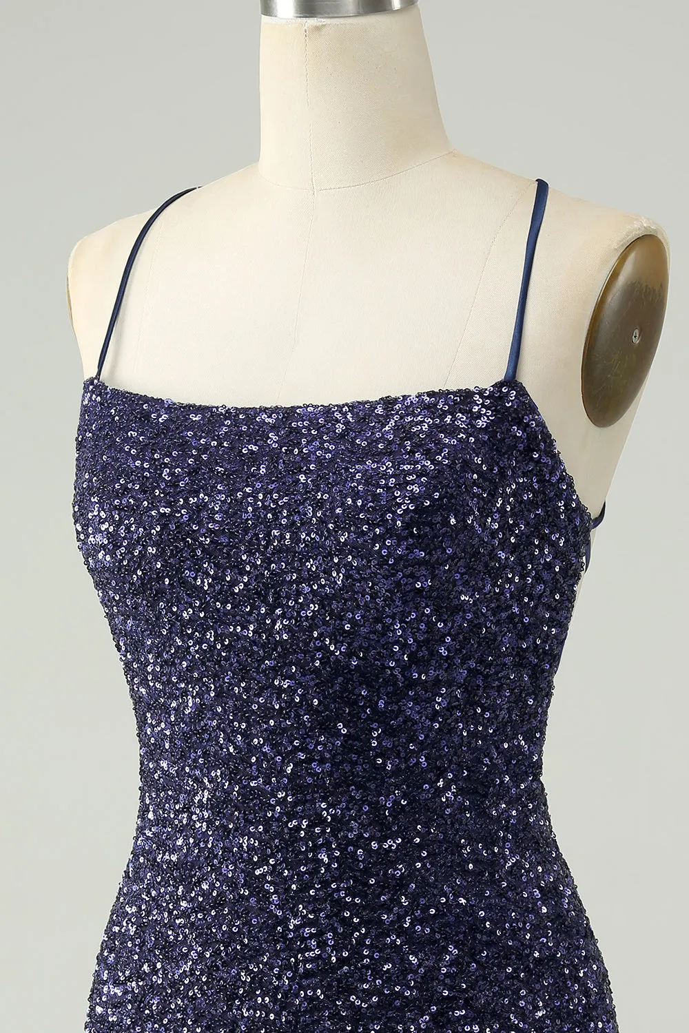 Sparkly Navy Sequins Tight Mini Dress With Fringes