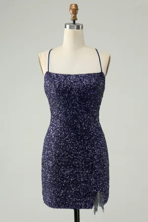 Sparkly Navy Sequins Tight Mini Dress With Fringes