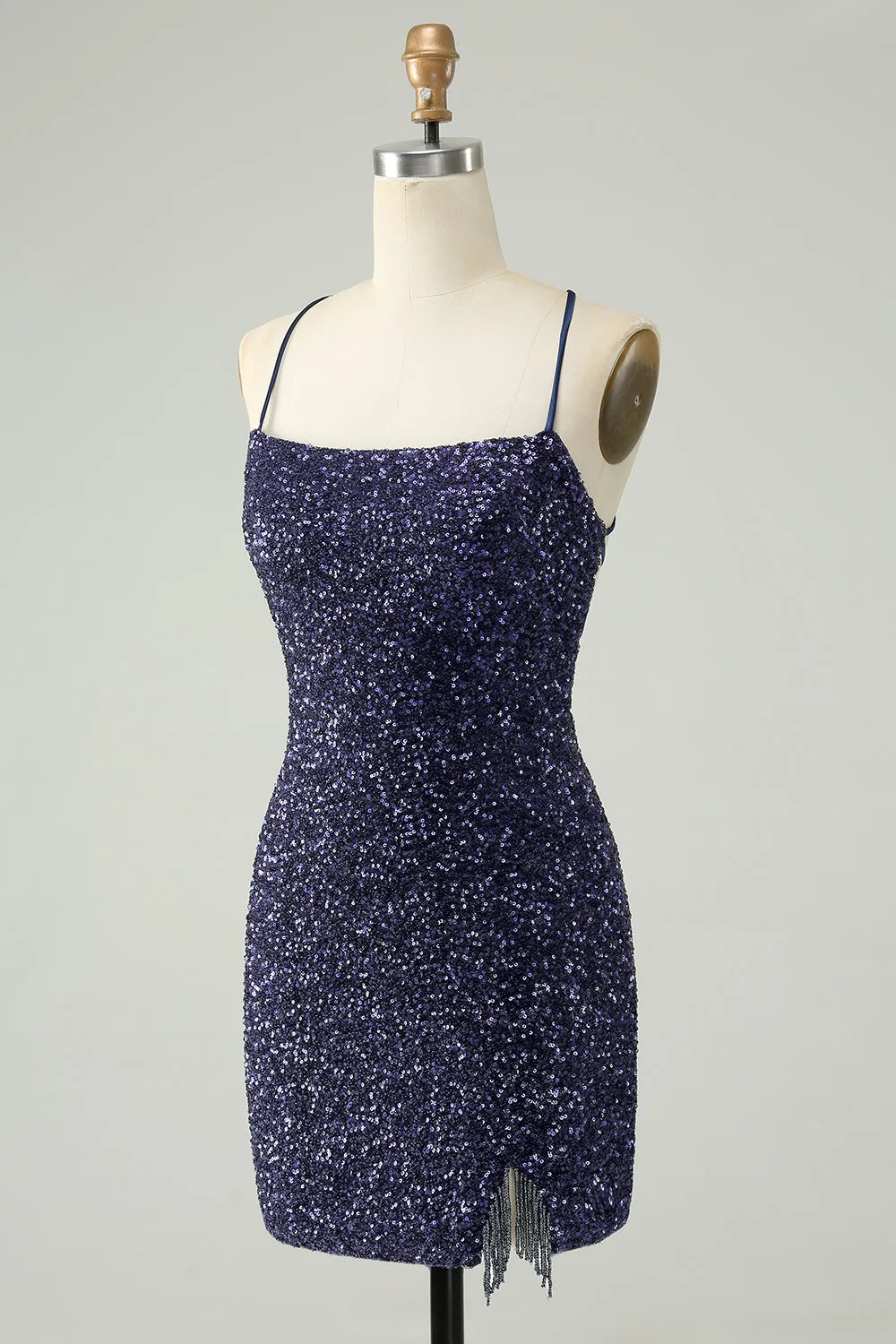 Sparkly Navy Sequins Tight Mini Dress With Fringes