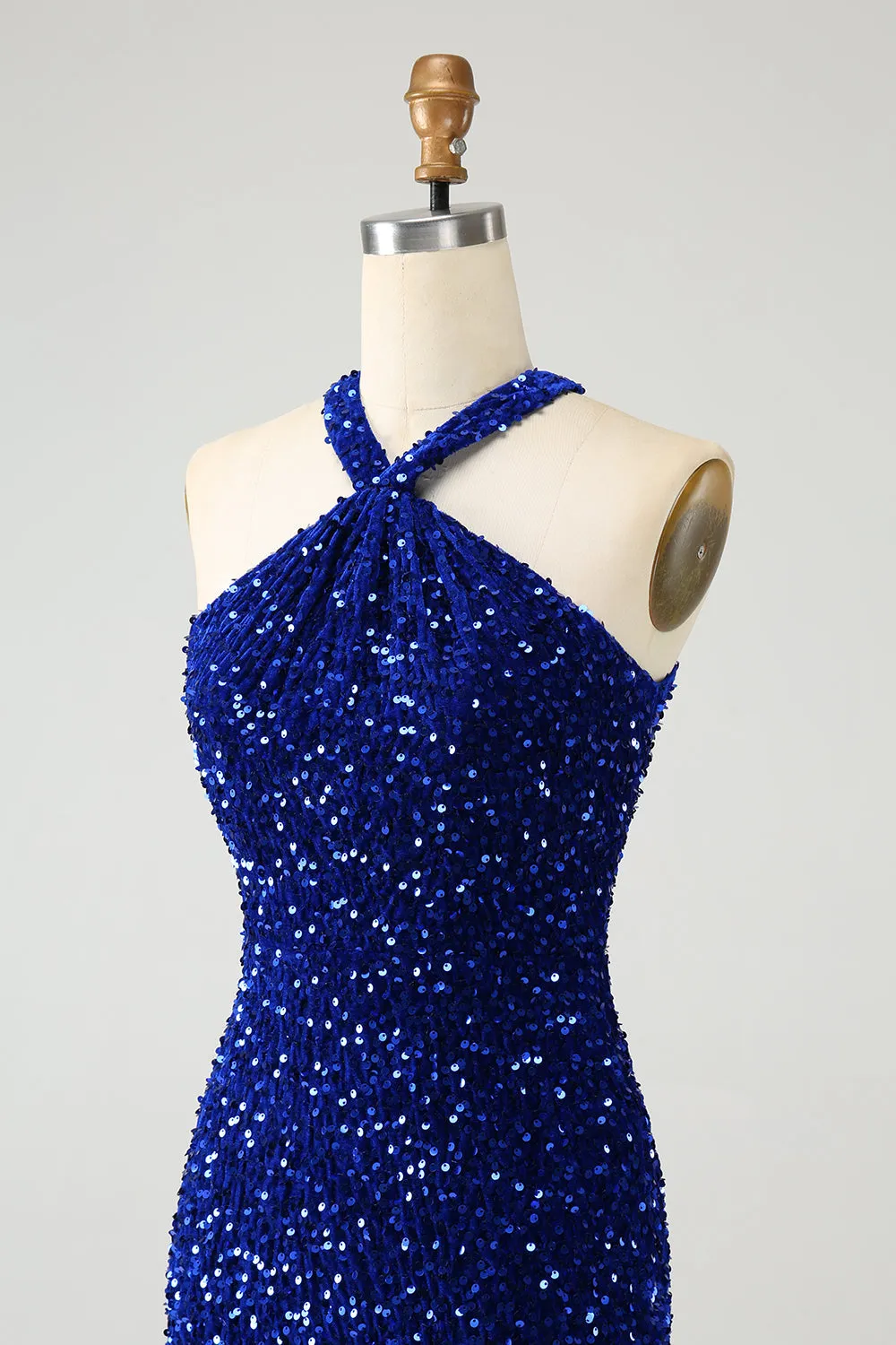 Sparkly Royal Blue Bodycon Halter Sequin Mini Dress with Tassel