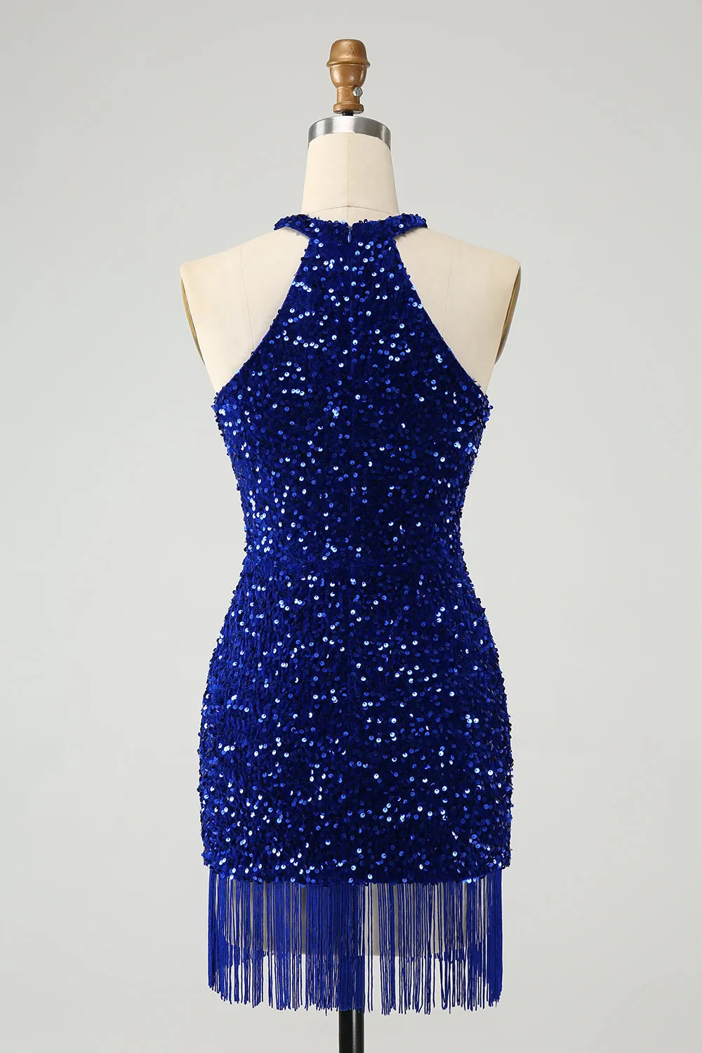 Sparkly Royal Blue Bodycon Halter Sequin Mini Dress with Tassel