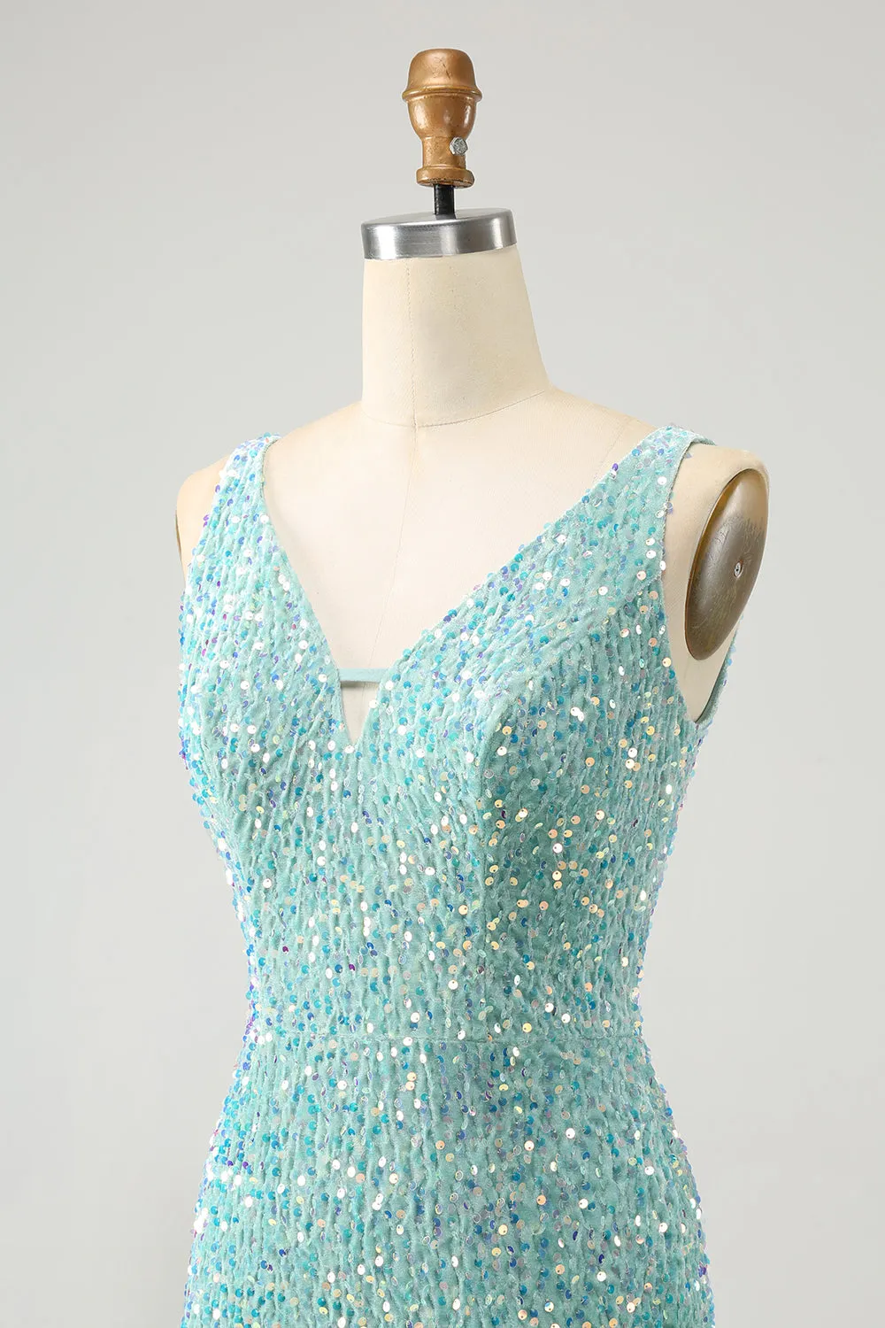 Sparkly Sage Bodycon V Neck Sequin Mini Dress with Tassel