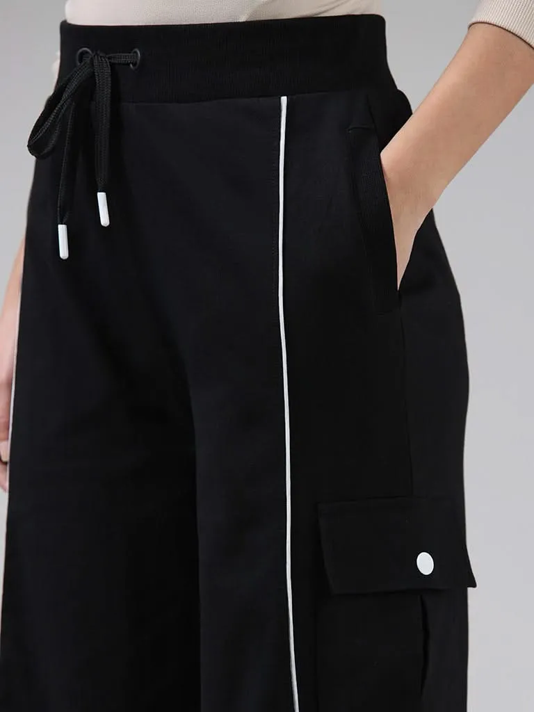 Studiofit Solid Black High-Waisted Cotton Joggers