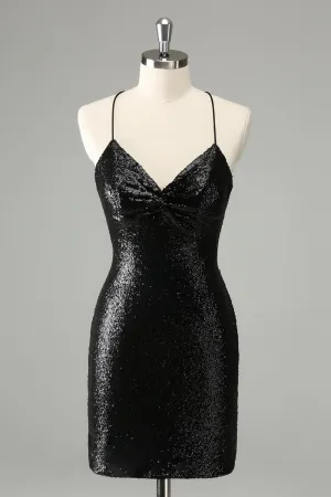 Stylish Glitter Black Sequins Tight Halter Mini Dress with Lace Up Back