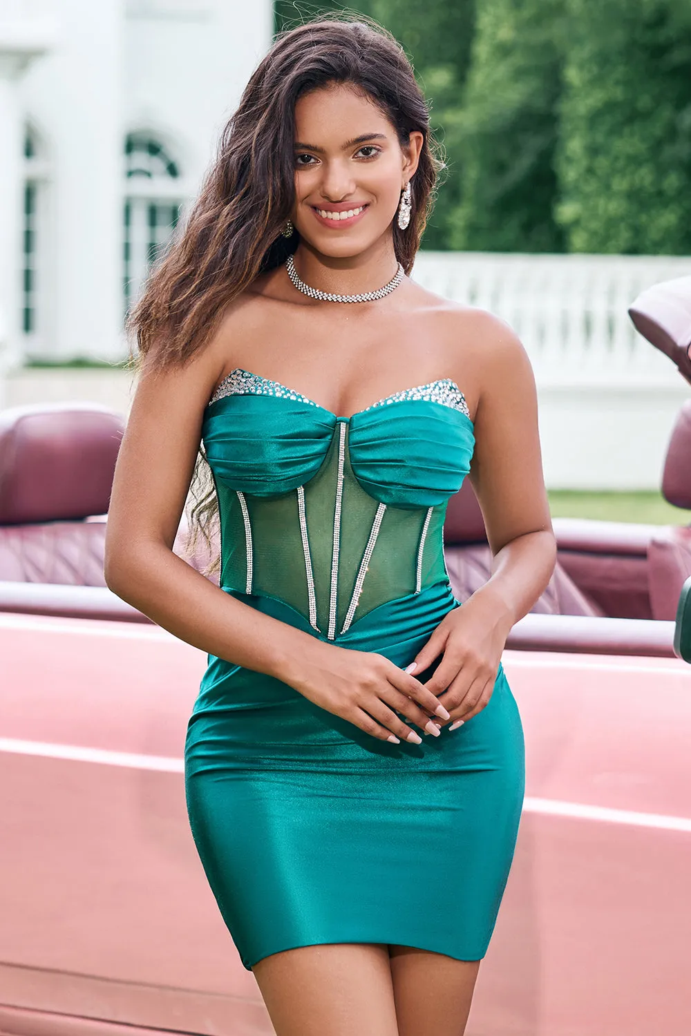 Unique Strapless Dark Green Pleated Beaded Corset Tight Mini Dress