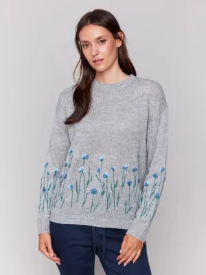 W PLUSHY KNIT EMBROIDERED FLOWER SWEATER